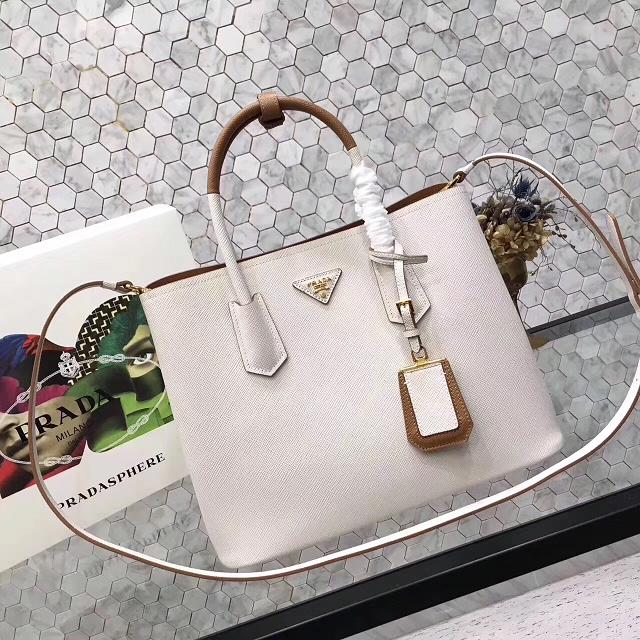 Prada saffiano lux tote original leather bag bn2756 white&tan