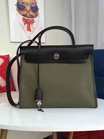 Hermes original canvas&calfskin leather small her bag H031 black&olive