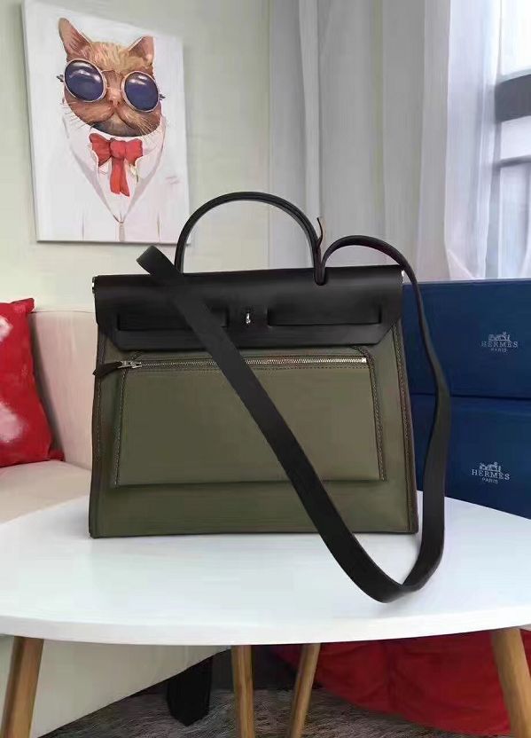 Hermes original canvas&calfskin leather small her bag H031 black&olive