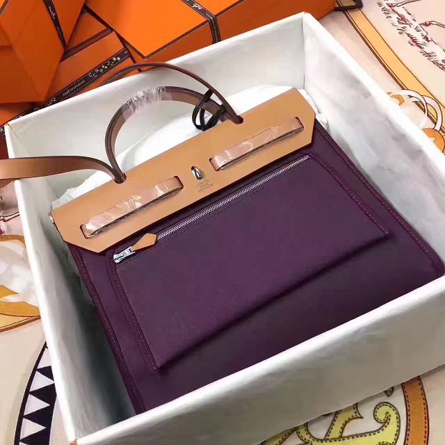 Hermes original canvas&calfskin leather small her bag H031 coffee&purple