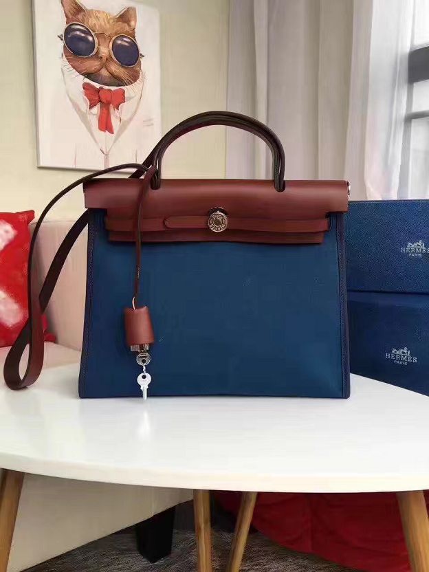 Hermes original canvas&calfskin leather small her bag H031 deep blue&brown