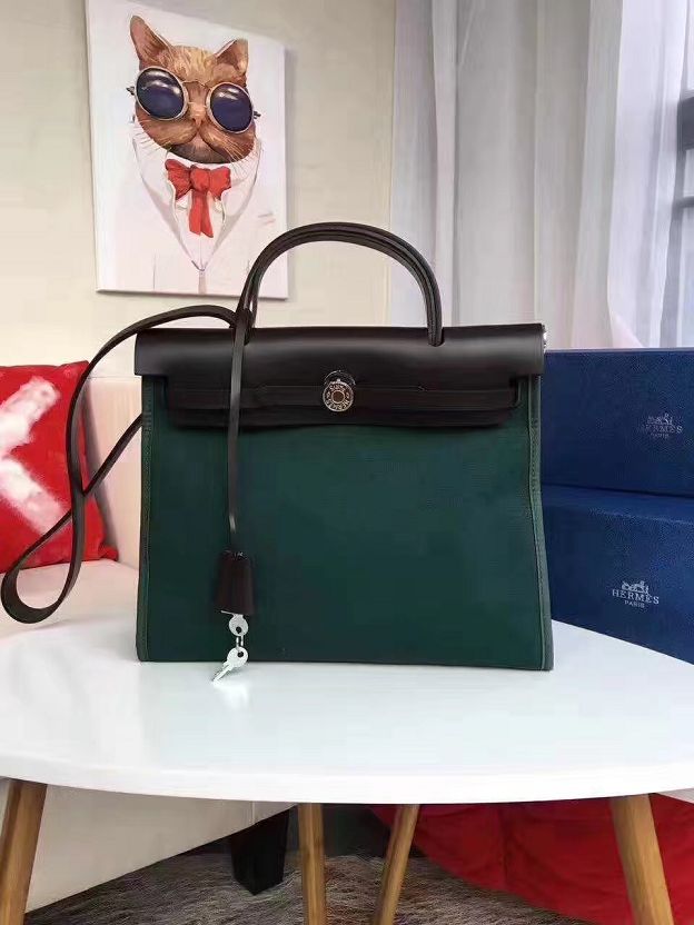 Hermes original canvas&calfskin leather small her bag H031 green&black