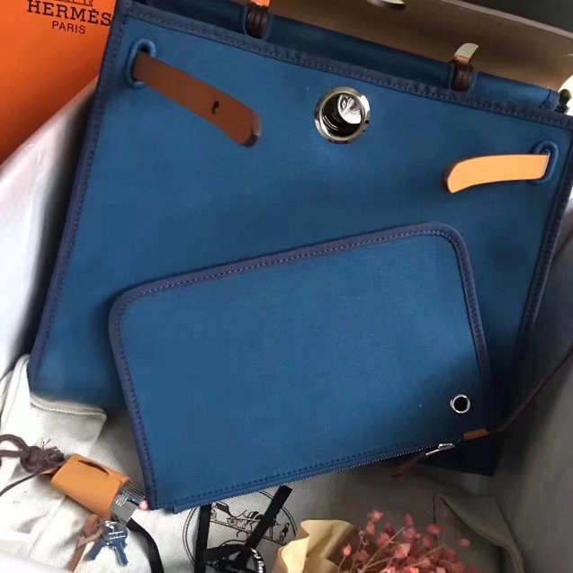 Hermes original canvas&calfskin leather large her bag H039 navy blue&coffee