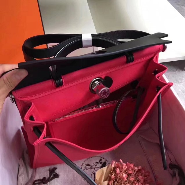 Hermes original canvas&calfskin leather large her bag H039 rose red&black 