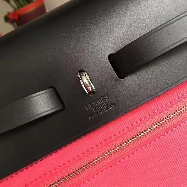 Hermes original canvas&calfskin leather large her bag H039 rose red&black 