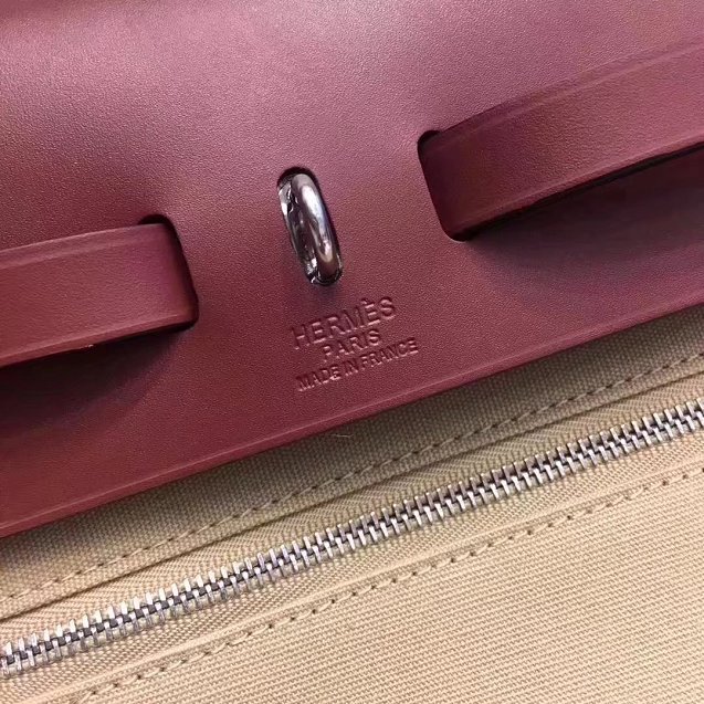 Hermes original canvas&calfskin leather large her bag H039 beige&bordeaux