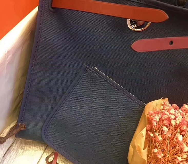 Hermes original canvas&calfskin leather large her bag H039 bordeaux&dark blue