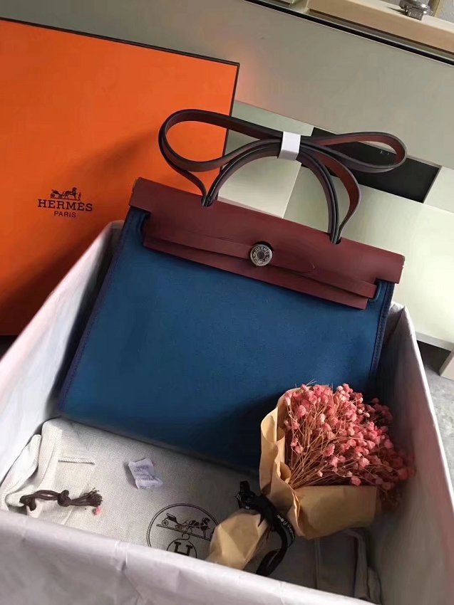 Hermes original canvas&calfskin leather large her bag H039 bordeaux&navy blue