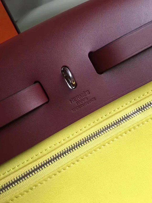 Hermes original canvas&calfskin leather large her bag H039 bordeaux&yellow