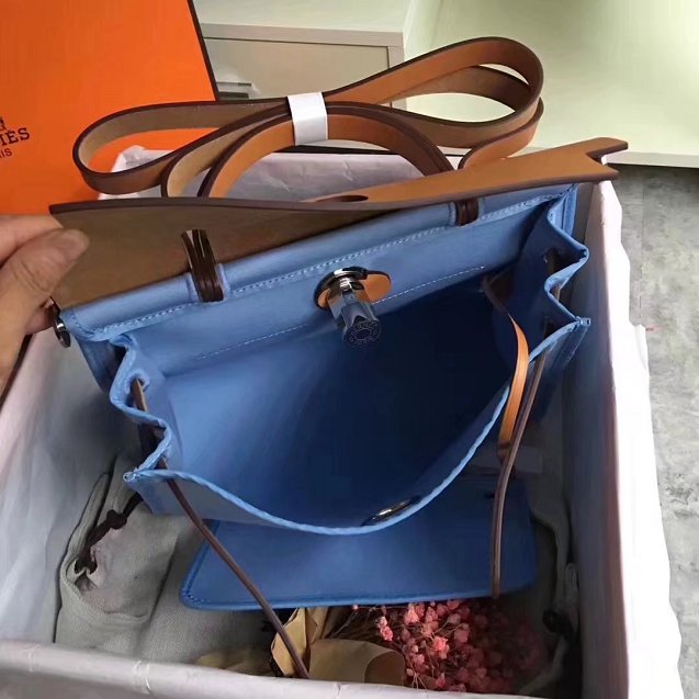 Hermes original canvas&calfskin leather large her bag H039 coffee&sky blue
