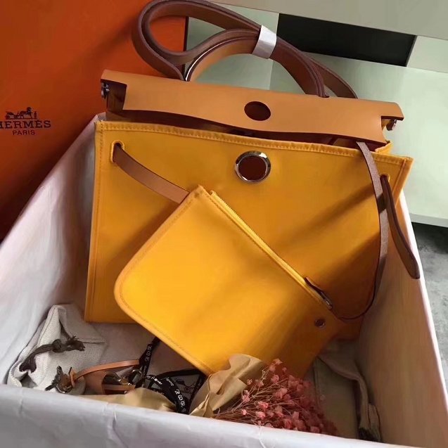 Hermes original canvas&calfskin leather large her bag H039 coffee&yellow 