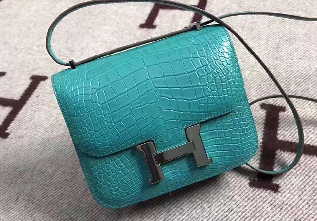 Top hermes 100% genuine crocodile leather small constance bag C0019 lake blue