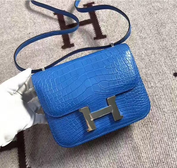 Top hermes 100% genuine crocodile leather constance bag C0023 blue