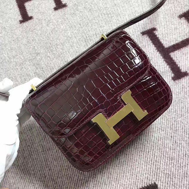 Hermes 100% genuine crocodile leather constance bag C0023 burgundy