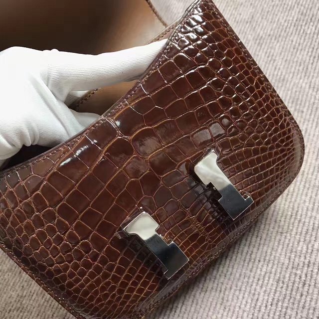 Top hermes 100% genuine crocodile leather constance bag C0023 dark coffee
