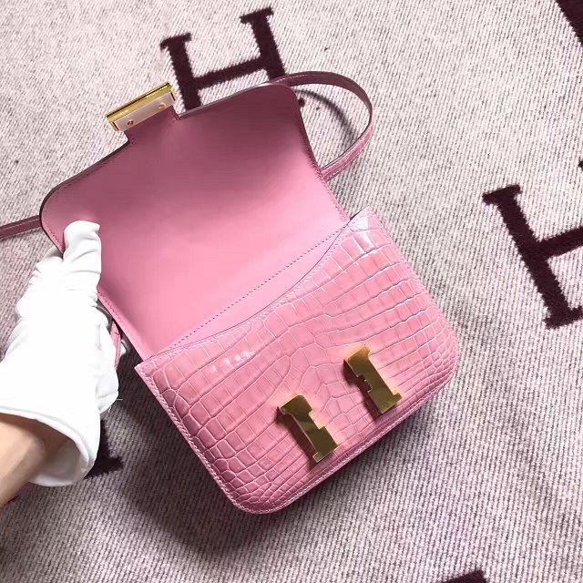 Top hermes 100% genuine crocodile leather small constance bag C0019 pink