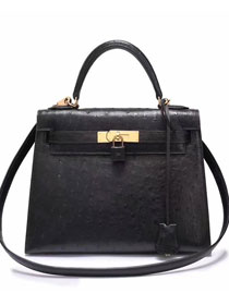 Top hermes genuine 100% ostrich leather handmade kelly 32 bag K320 black