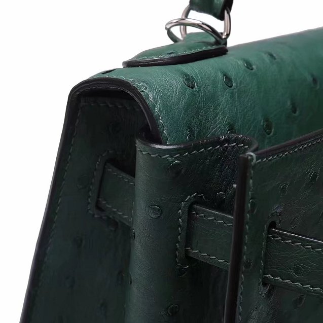 Top hermes genuine 100% ostrich leather handmade kelly 32 bag K320 blackish green