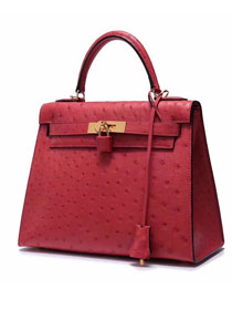 Top hermes genuine 100% ostrich leather handmade kelly 32 bag K320 red