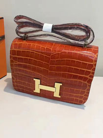 Hermes calfskin leather crocodile constance bag C023 orange