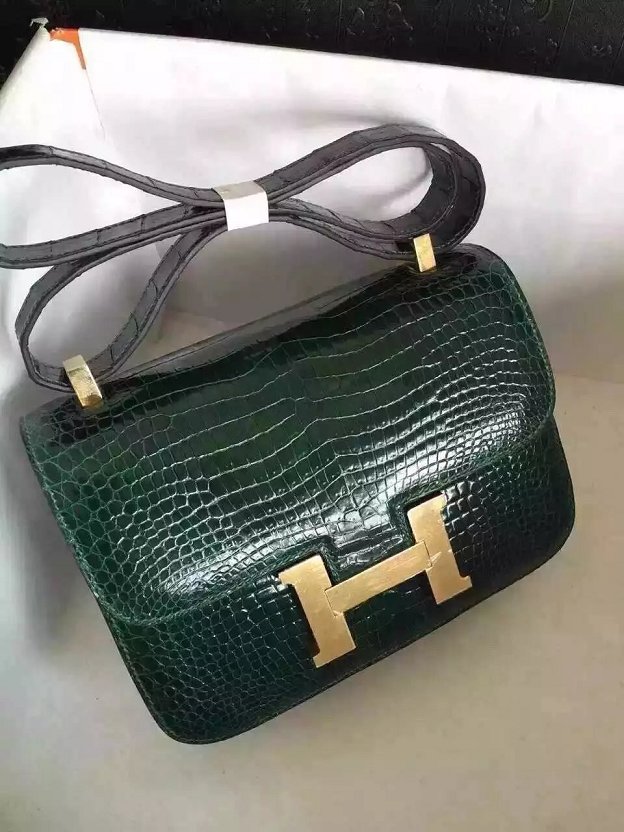 Top hermes 100% genuine crocodile leather constance bag C0023 blackish green