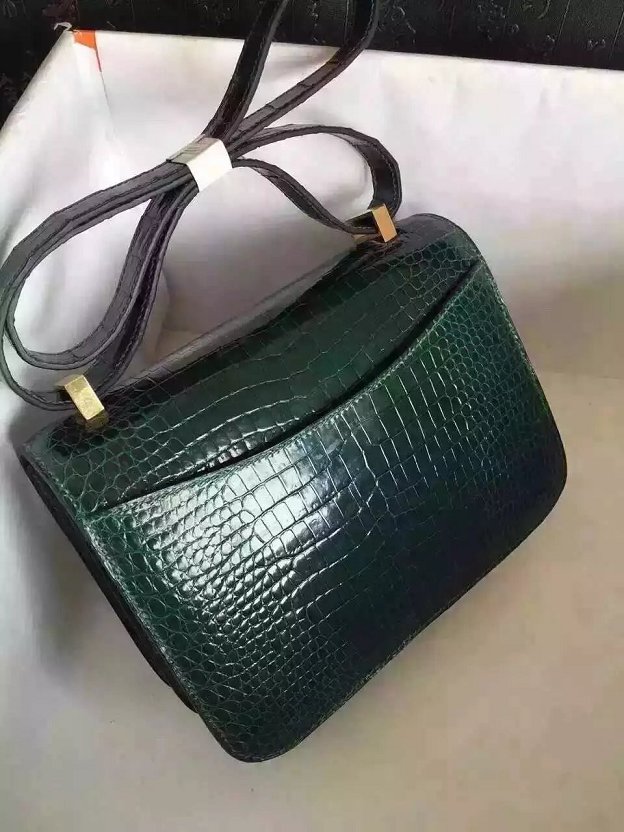 Top hermes 100% genuine crocodile leather constance bag C0023 blackish green