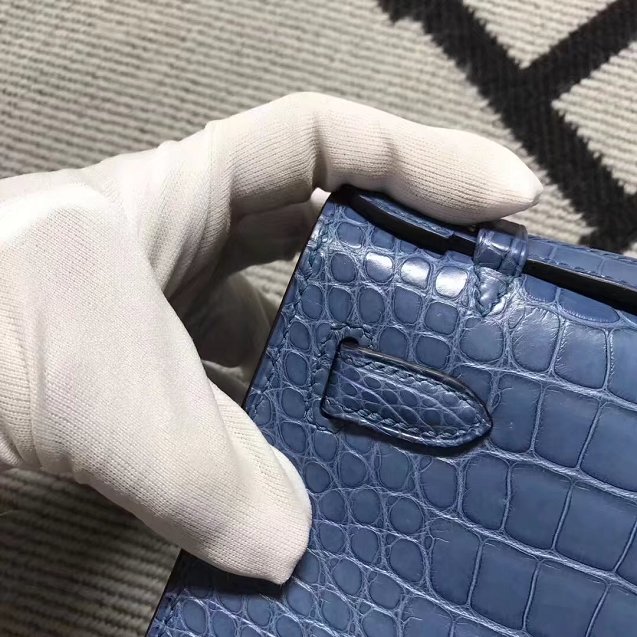 Top hermes genuine 100% crocodile leather handmade mini kelly clutch K220 blue