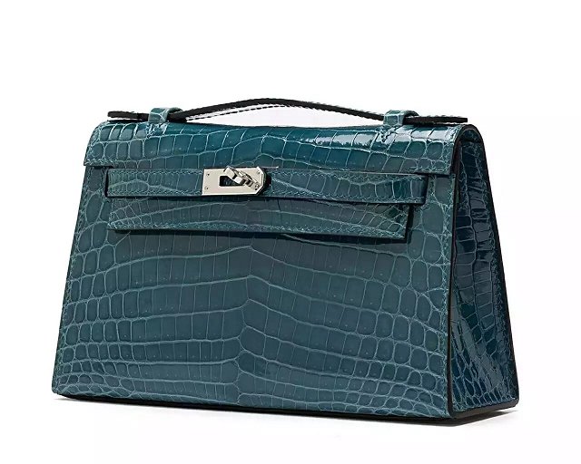 Top hermes genuine 100% crocodile leather handmade mini kelly clutch K220 lake blue