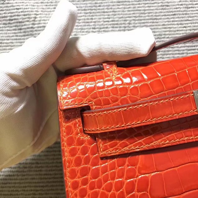 Top hermes genuine 100% crocodile leather handmade mini kelly clutch K220 orange