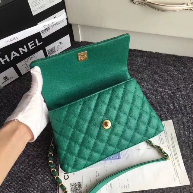 2017 CC original grained leather flap bag with top handle medium A92990 green