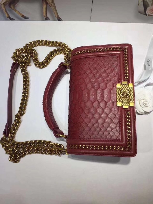 CC original python leather medium le boy flap bag 67086 wine red