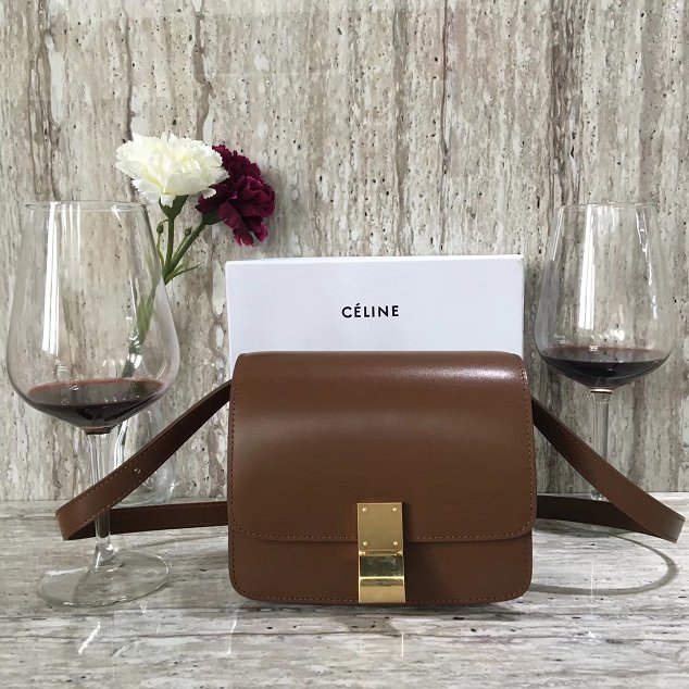 Celine original box calfskin small classic bag 11041 dark coffee