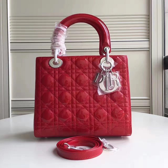 Dior original patent calfskin lady dior bag 44551 red