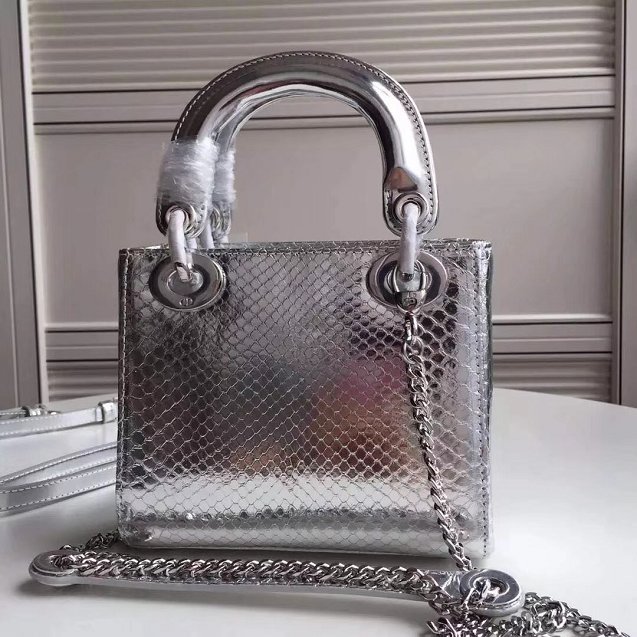 2018 Dior original python leather mini lady dior bag M5808P silver 