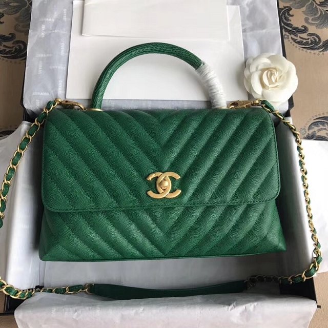 2018 CC original grained calfskin flap bag with top handle A92991 green