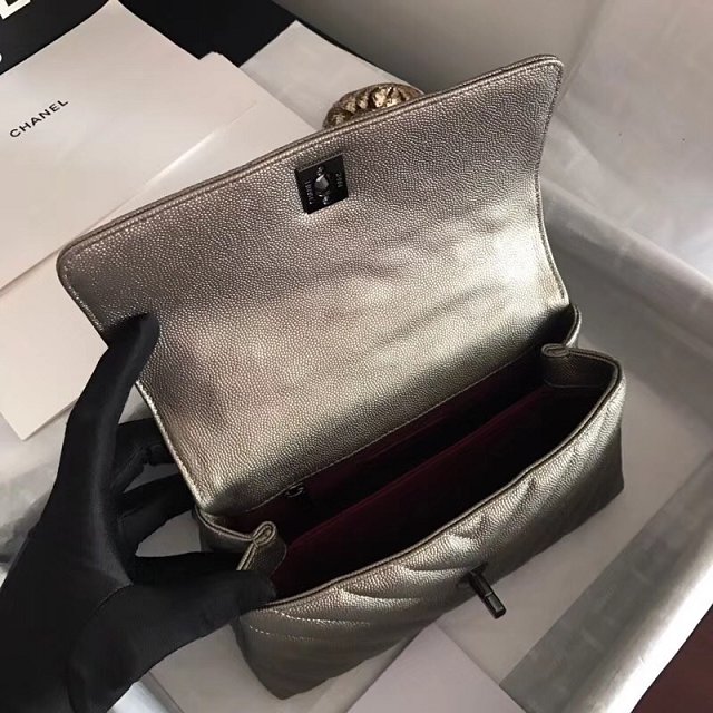2018 CC original grained calfskin small flap bag with top handle A92990 champagne