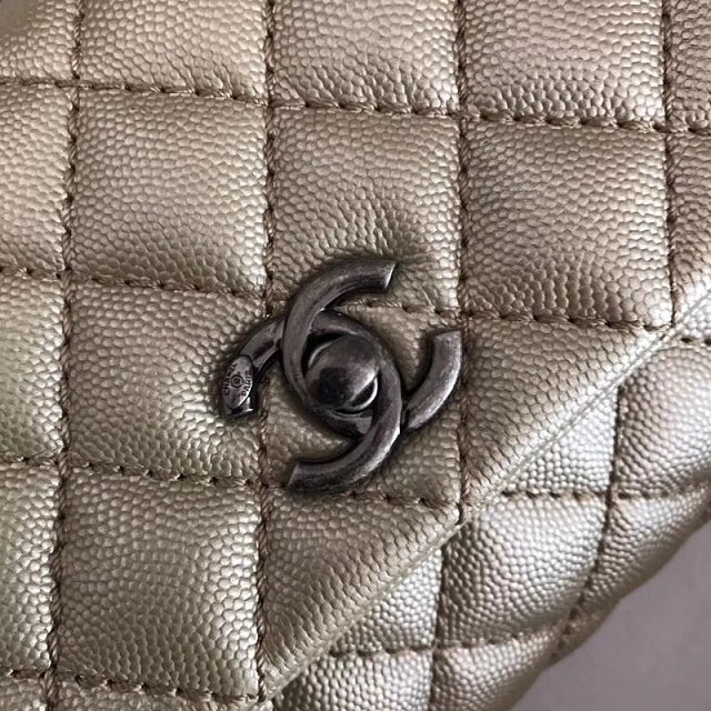 2018 CC original grained calfskin small flap bag with top handle A92990 light gold
