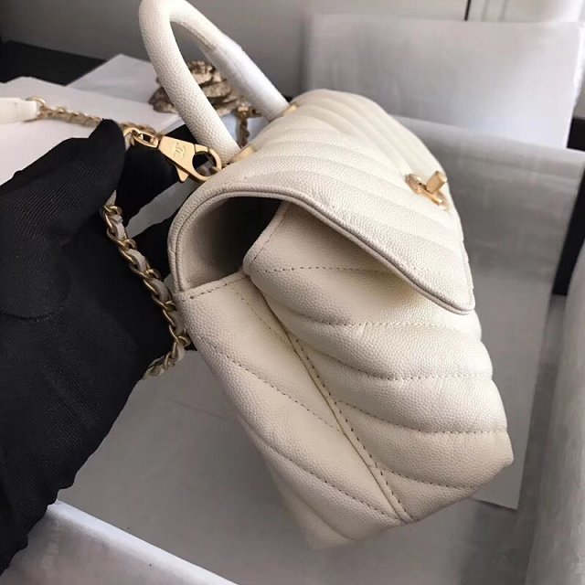 2018 CC original grained calfskin small flap bag with top handle A92990 white 