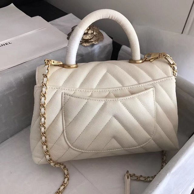 2018 CC original grained calfskin small flap bag with top handle A92990 white 