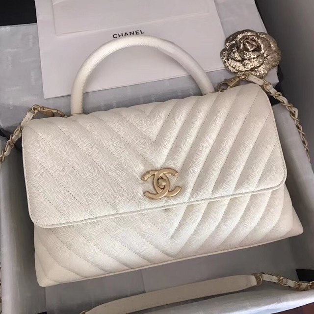 2018 CC original grained calfskin small flap bag with top handle A92991 white