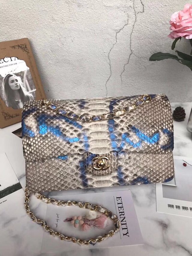 CC original python leather flap bag A01112 gray&blue