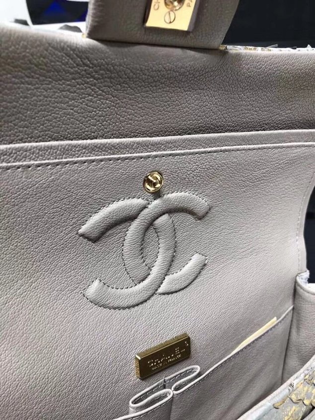 CC original python leather flap bag A01112 light grey&gold