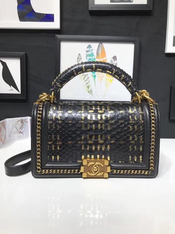 CC original python leather medium le boy flap bag 67086 black&gold