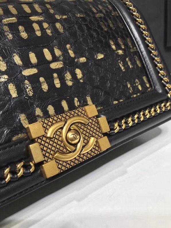 CC original python leather medium le boy flap bag 67086 black&gold
