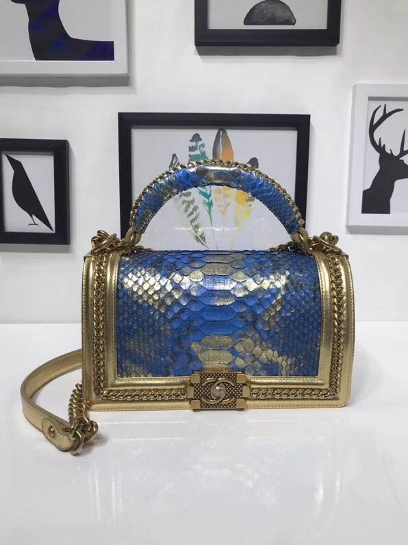CC original python leather medium le boy flap bag 67086 blue&gold