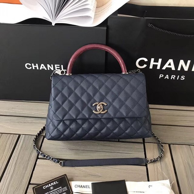 2018 CC original grained calfskin flap bag with top handle A92991 navy blue