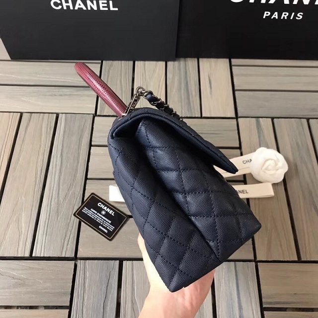 2018 CC original grained calfskin flap bag with top handle A92991 navy blue