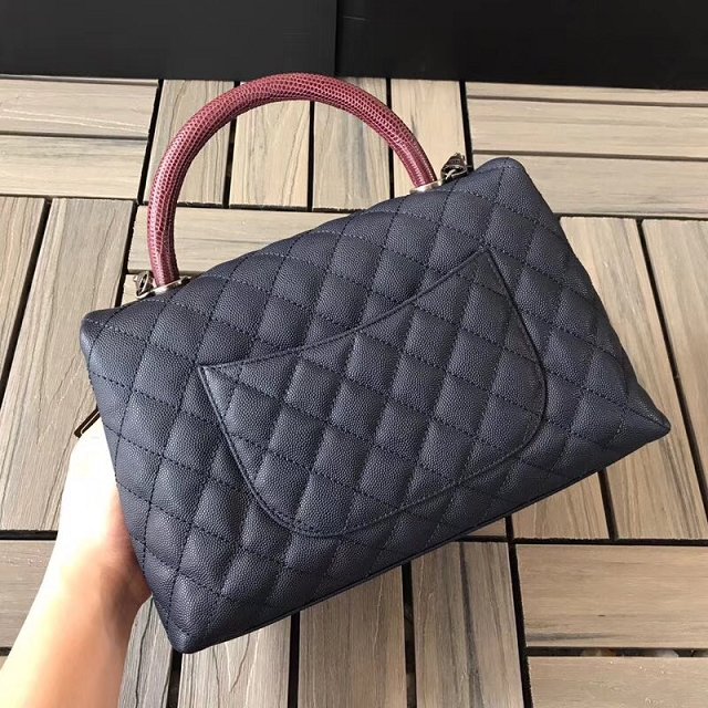 2018 CC original grained calfskin flap bag with top handle A92991 navy blue