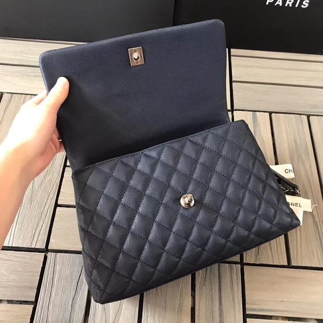 2018 CC original grained calfskin flap bag with top handle A92991 navy blue