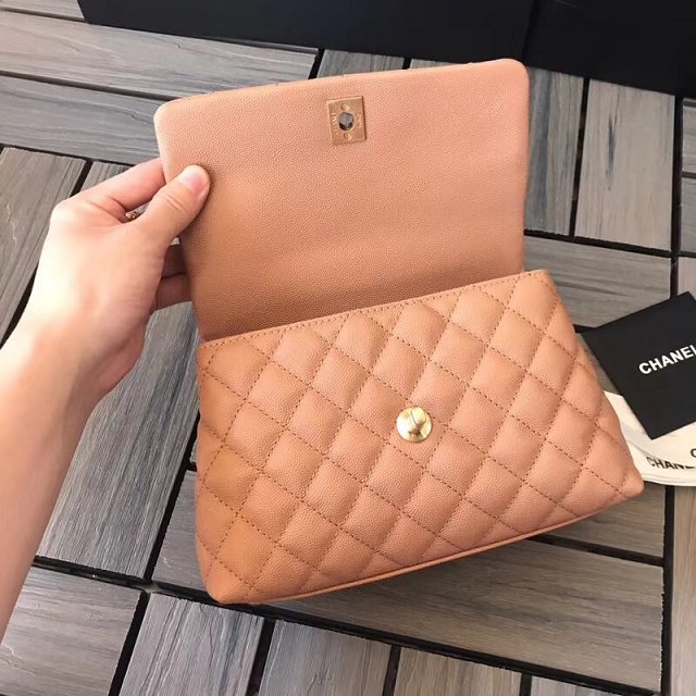 2018 CC original grained calfskin small flap bag with top handle A92990 apricot